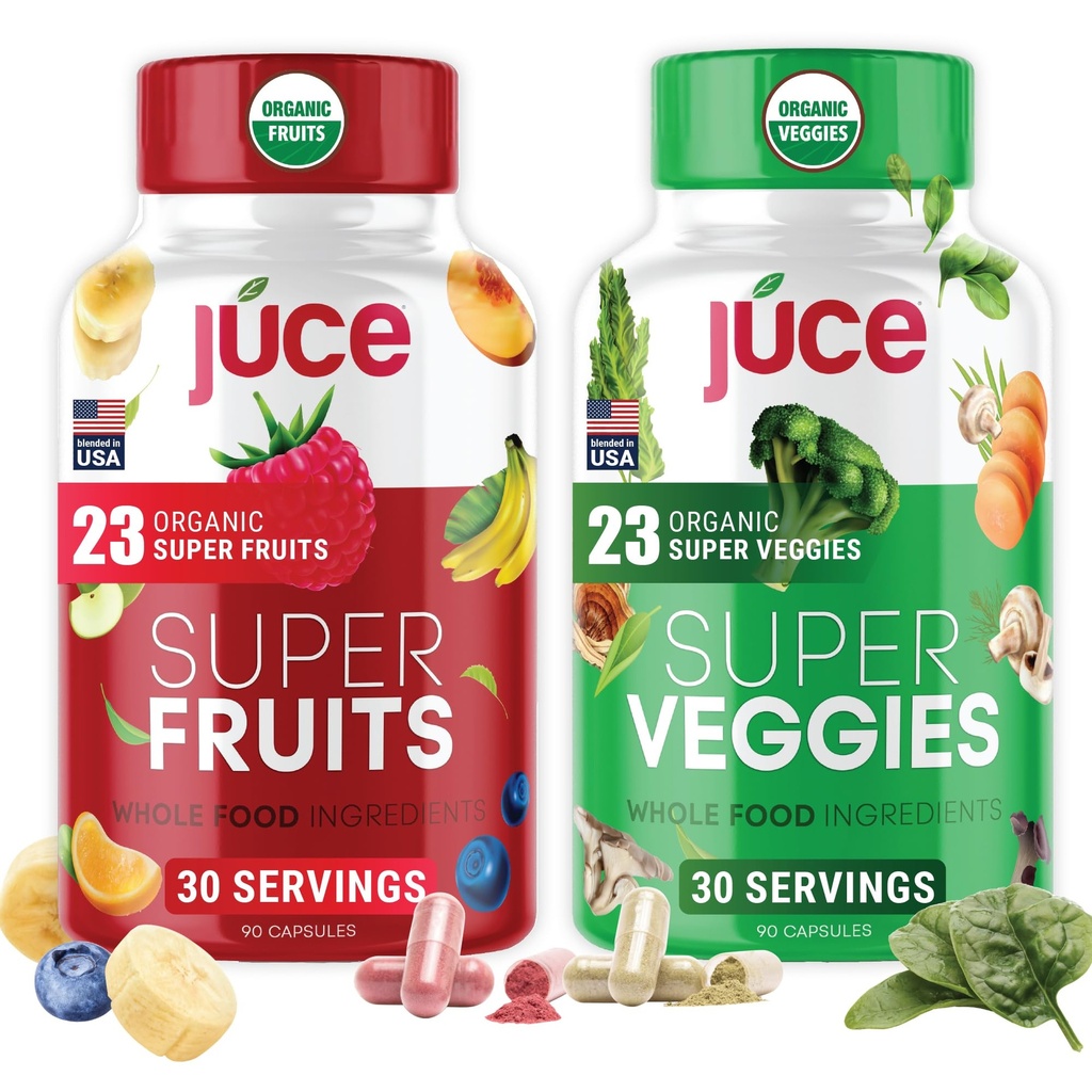 Juce Original Formula - Organic Super Fruit & Veggies Supplement - Gluten/Gelatin Free, Soy Free & Vegan- Reds & Greens Superfood Capsules- 23 Fruits & 23 Vegetables (180 Count)- By Terra Kai Organics
