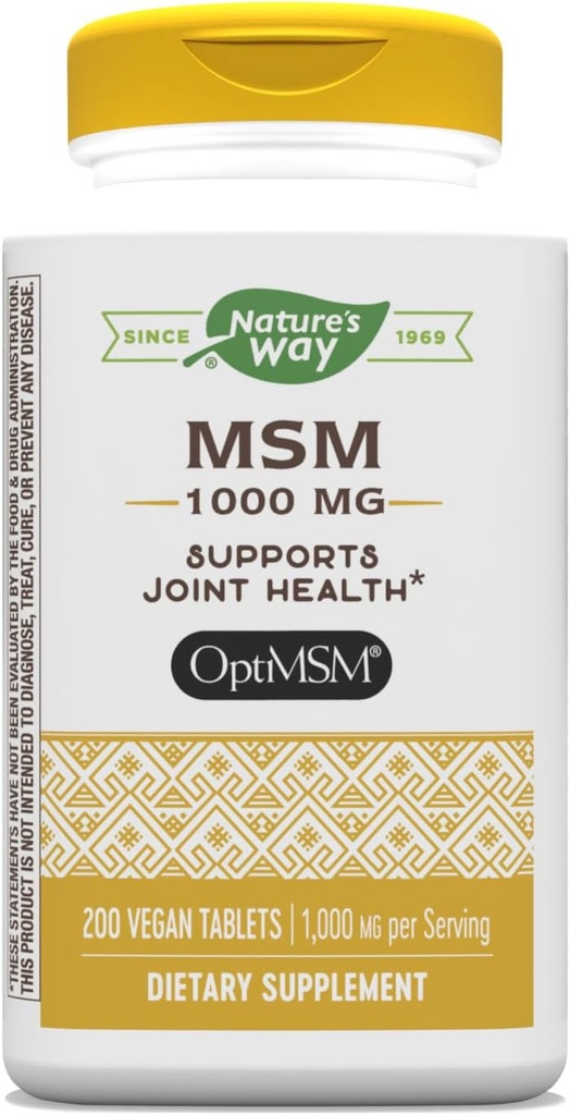 Nature's Way MSM 1000 mg - Κοινό Συμπλήρωμα Υγείας * - Με Μεθυλοσουλφονυλομεθάνιο - Χωρίς γλουτένη & Vegan - 200 Tabletισκία