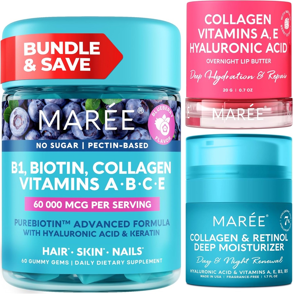 MAREE Sche - Vitamin B1 Thiamine Gummies, Lip Maske, Face Moisturizer - A, E, D, C Vitamins - Collagen & Hyaluronic Acid, Retinol- Kompleksi Skin, Nails, Saç - Kuru Lips için Maske - Anti-Aging