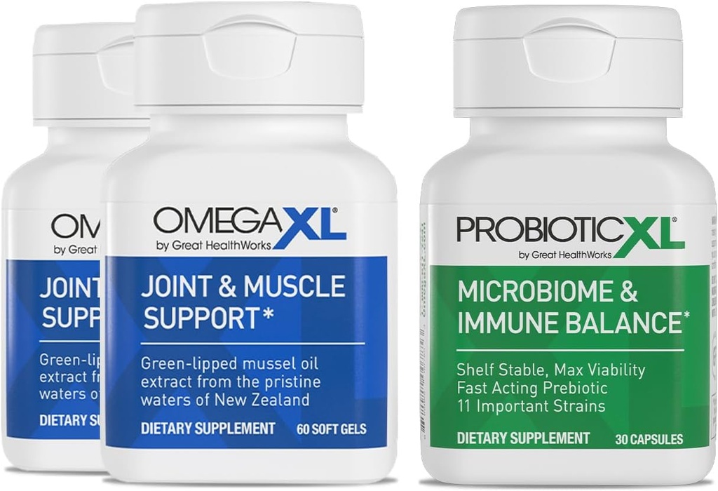 OmegaXL Güçlü Ortak ve Kas Destek Supplement 60 Count (2 Pack) & Probiyotik XL - PreforPro, DE111, Raf Stable - Sağlıklı Gut Flora Büyümesi (30 Veggie caps)