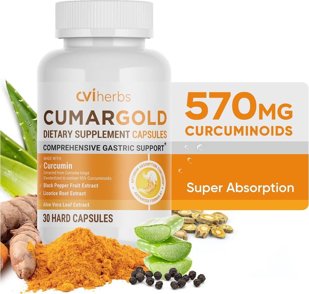 Cumargold 570mg Curcuminoids Turmeric Curcumin Supplement with Piperine, Licorice Root & Aloe Vera - Υψηλής ισχύος κάψουλες φυσικής ευεξίας (30 Count)