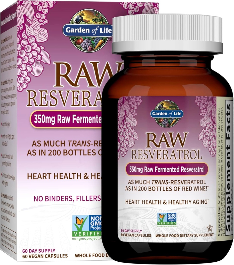 Garden of Life Heart Resveratrol συμπλήρωμα - Ισχυρή αντιοξειδωτική υποστήριξη με 350mg Ακατέργαστη ζυμωμένη Trans-Resveratrol Plus Προβιοτικά και ένζυμα για την υγεία της καρδιάς και υγιή γήρανση, 60 Vegan κάψουλες