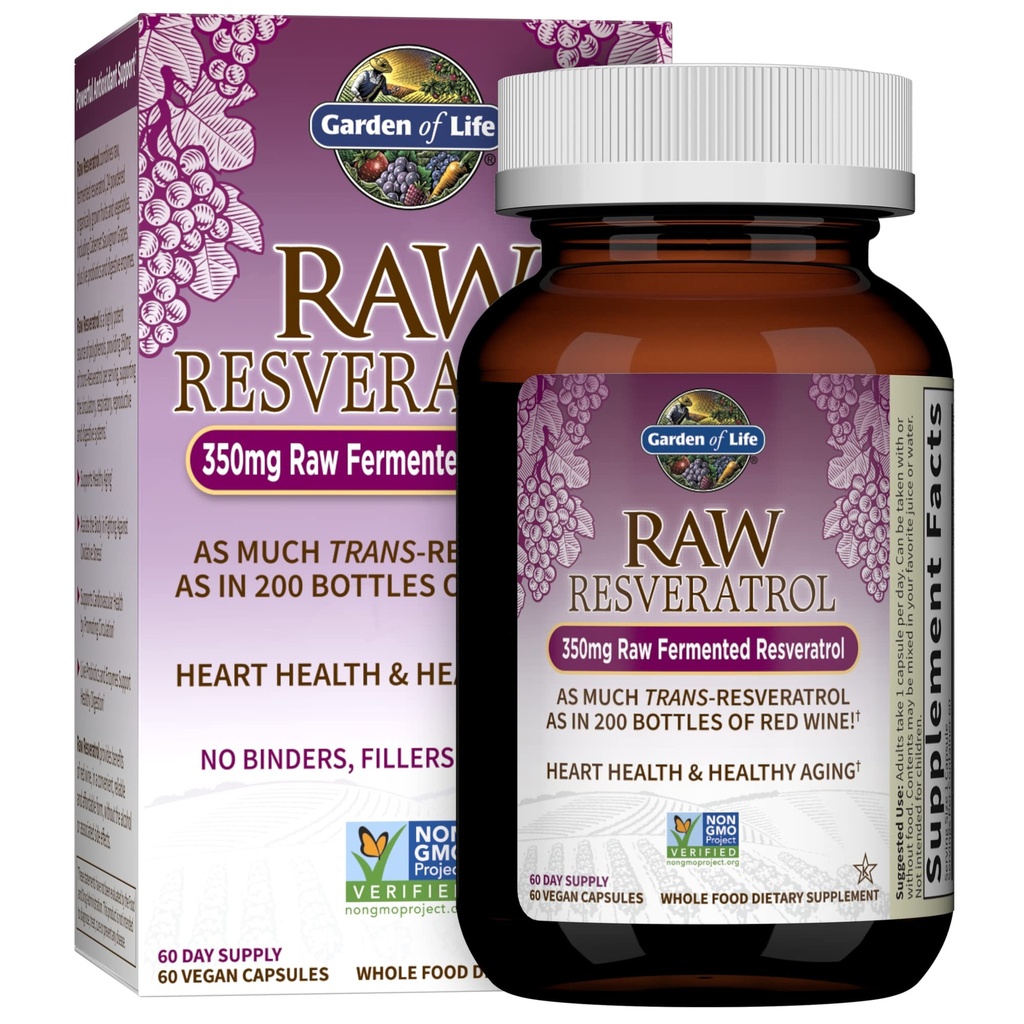 Garden of Life Heart Resveratrol συμπλήρωμα - Ισχυρή αντιοξειδωτική υποστήριξη με 350mg Ακατέργαστη ζυμωμένη Trans-Resveratrol Plus Προβιοτικά και ένζυμα για την υγεία της καρδιάς και υγιή γήρανση, 60 Vegan κάψουλες