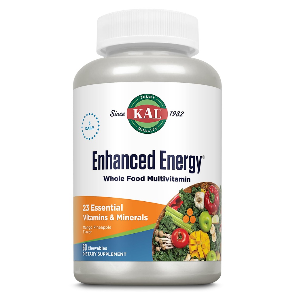 KALBoostd Energy Supplements, Whole Food Chewable Multivitamin with Iron, 3 Daily, 23 Essential Vitamins and Minerals, Super Foods, Enzymes, Mango Pineapple Flavor, 60-Day Garanti, 20 Serv, 60ct