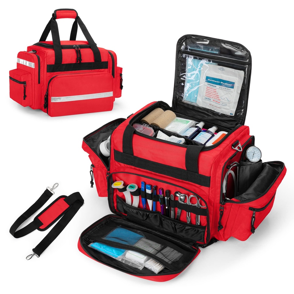 Damero Professional Medical Bag Boş, İlk Yanıtlayıcı Travma Bag, Ev Sağlık Bakımı için Detachable Bölücülerle, EMT, EMS, Red (Bag VAR)