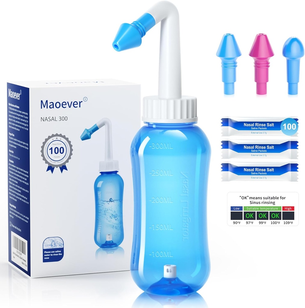 MAOEVER Neti Pot Sinus Rinse Şişe 100 Nasal Yıkama Salt Packets Nose Yıkama Temiz Baskı Rinse Nasal Irrigation for Adult & Kid Alaska Free 300 ML with Style Mechanicmeter (Mavi)
