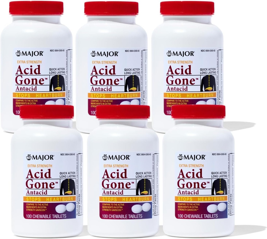 Büyük asit Ekstra Güçlü Antacid Chewable Tabletler - Anti-Acid Relief - Acid Reflux Medicine for Yetişkinler - Upset Stomach, Acid Indigestion, and Heartburn Relief - Long-Lasting - 100-Count (6 Pack)