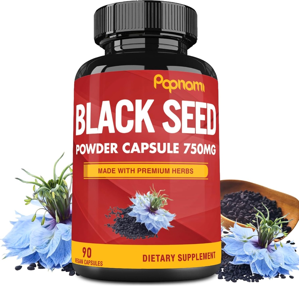 Pure Black Seed Toz Capsules 750 mg - Immunity, Digestive, Skin, Hair & Body Balance - 3 Ay Supply için 90 Pills