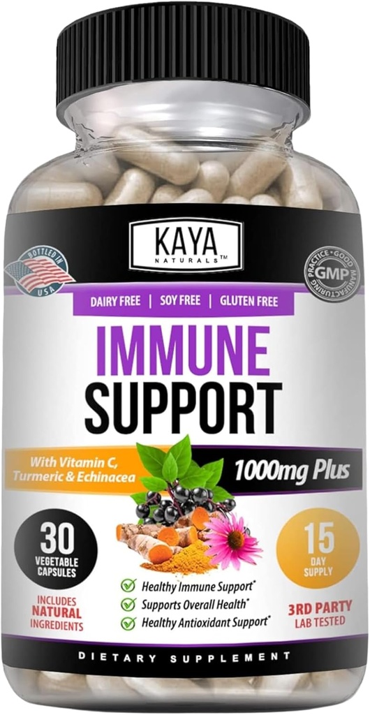 Kaya Naturals Elderberry Immune Support | Yetişkinler için çinko ve Vitamin C ile Vitaminler, Probiyotikler & Turmeric 1000 mg Immune System Alert Sambucus Capsules - 30 Count