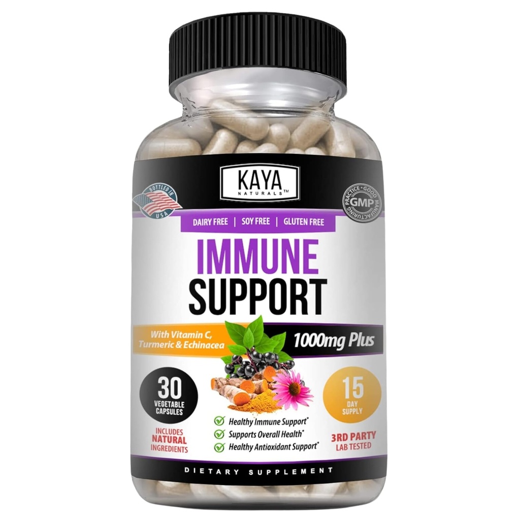 Kaya Naturals Elderberry Immune Support | Yetişkinler için çinko ve Vitamin C ile Vitaminler, Probiyotikler & Turmeric 1000 mg Immune System Alert Sambucus Capsules - 30 Count