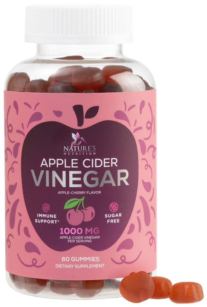 Vegan Apple Cider Vinegar Gummies 1000 mg - Sugar Free ACV Gummy Vitamins Supplement with Vitamin B12 for Energy - Keto Friendly Digestion, Detox, Cleanse Support - Gelatin-Free, Non-GMO - 60 Gummies