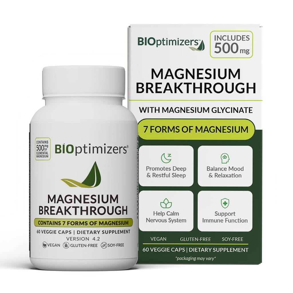 BIOptimizers Magnesium Breakthrough Complex Supplement with 7 Forms of Mg: Γλυκινικό, Μηλεϊνικό, Κιτρικό και Περισσότερα - Φυσική Υποστήριξη για τον Ύπνο και Γνωστική Λειτουργία - 60 Κάψουλες- Ηρεμητικές Βιταμίνες