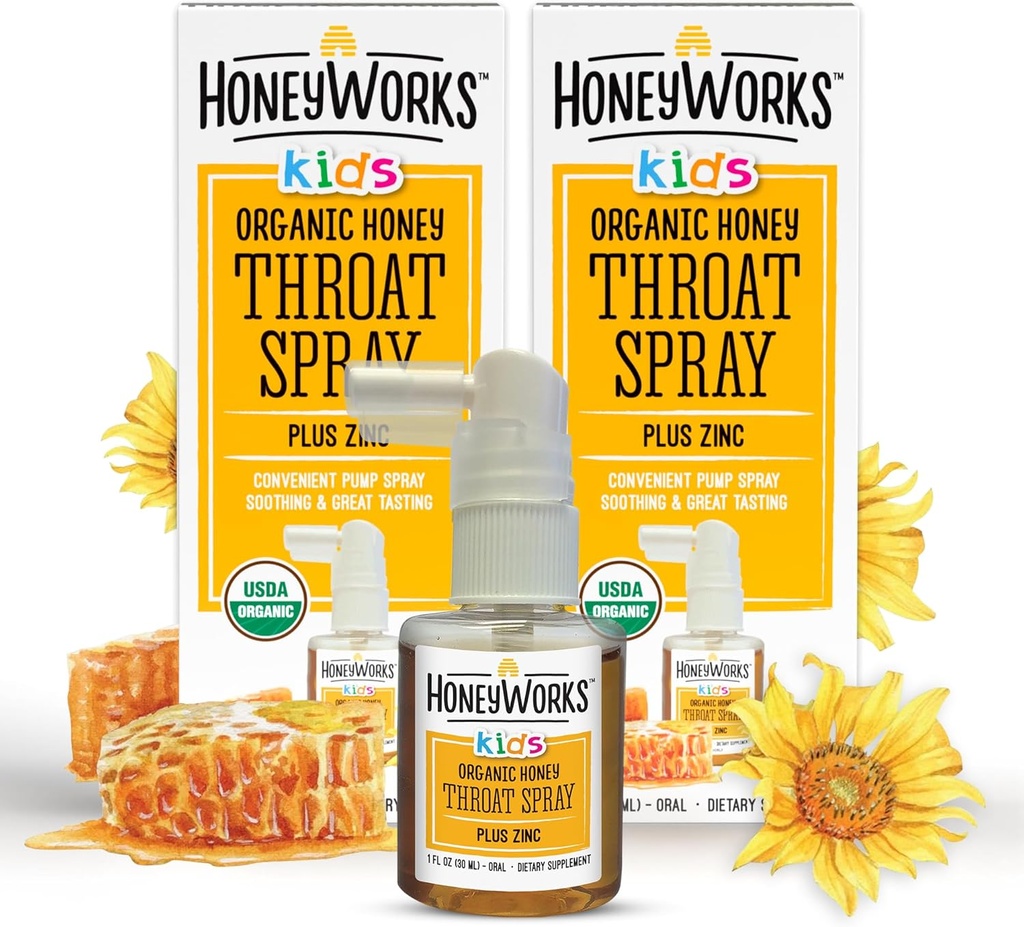 HoneyWorks Kids Throat Spray for Sore Throat Relief, 1 Oz (Pack of 2) Soothing Non-GMO USDA Organic Dark Honey + çinko, Hızlı Yön, 12 Ay+