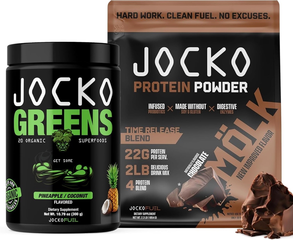 Jocko Καύσιμο 2 Πακέτων Bundle - Jocko Πράσινοι σκόνη + σοκολάτα Mölk πρωτεΐνη σκόνη