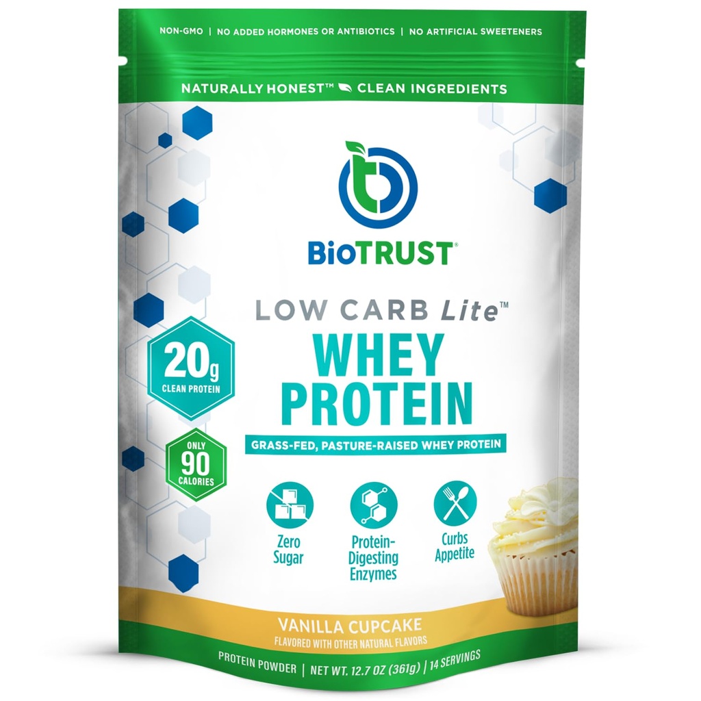 BioTrust Low Carb Lite, 20 Grams of Grass-Fed Whey Protein Isolate, 100 Calories, ProHydrolase Digestive Enzymes, Non-GMO, Free from Soy and Gluten, rBGH-Free (14 hizmet) (Vanilla Cup)