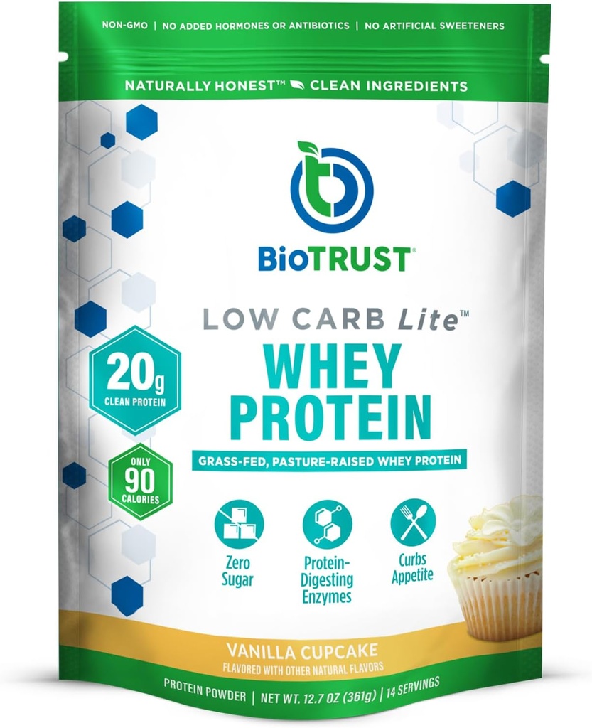 BioTrust Low Carb Lite, 20 Grams of Grass-Fed Whey Protein Isolate, 100 Calories, ProHydrolase Digestive Enzymes, Non-GMO, Free from Soy and Gluten, rBGH-Free (14 hizmet) (Vanilla Cup)