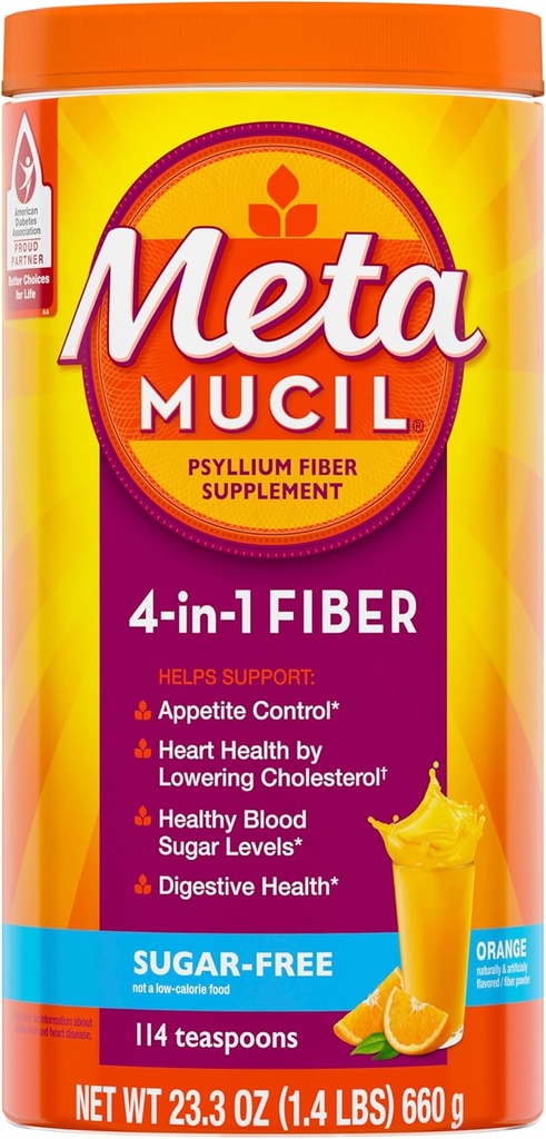 Metamucil 4-in-1 Psyllium Husk Fiber Supplement, Sugar-Free, 114 çay, Orange Flavored, Daily Fiber Toz for Digestive Health, Plant-Based Psyllium Husk Fiber Fiber Supplement, Sugar-Free, 114 tatlı kaşığı
