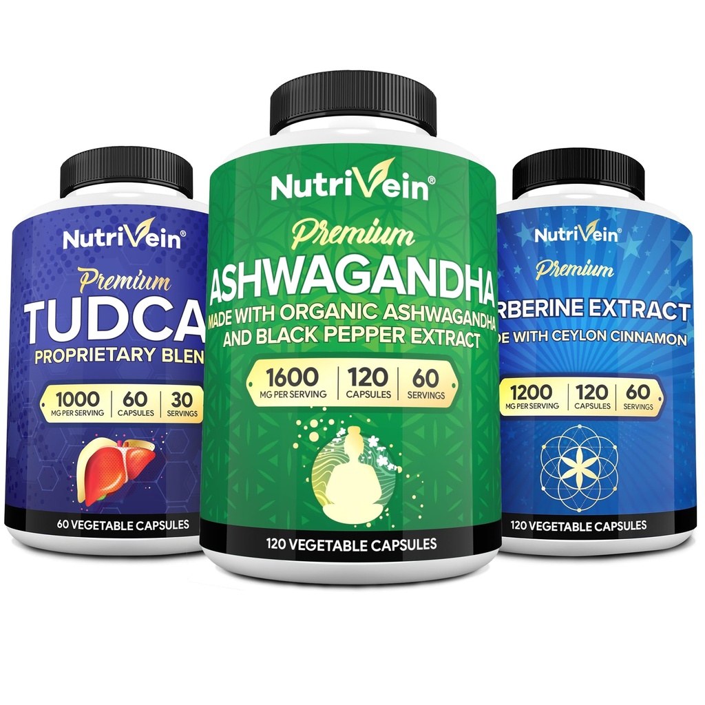 Nutrivein Premium TUDCA, Berberine Supplements ve Ashwagandha Supplements Sche: High-Ab component Berberine Complex, Ashwagandha Root, & TUDCA for Detox, Vitality & Well-Being