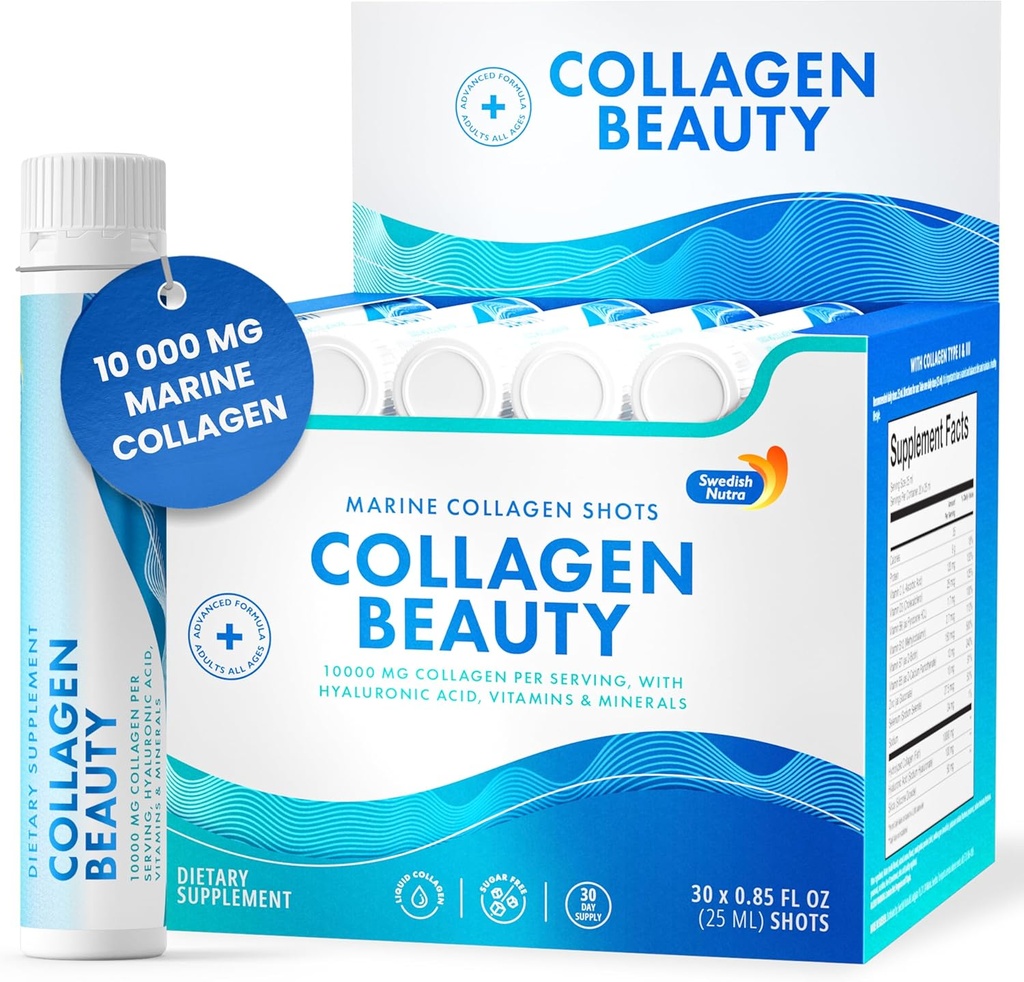 İsveç Nutra - Collagen Beauty | 10.000 mg Hydrolyzed Marine Collagen Liquid Supplement - 30 x 25 ml Günlük Shots | Hyaluronik Asit ve Vitamin C Sağlıklı Saçları Desteklemek için, Skin, Nails | Sugar-Free