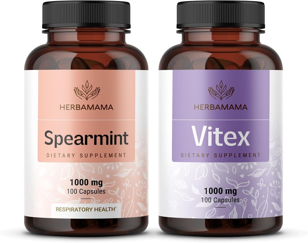 HERBAMAMA Spearmint ve Vitex Kit - 1000 mg Spearmint Leaf & Vitex Chasteberry Capsules - Vegan, Non-GMO, Gelatin-Free - 2 Pack