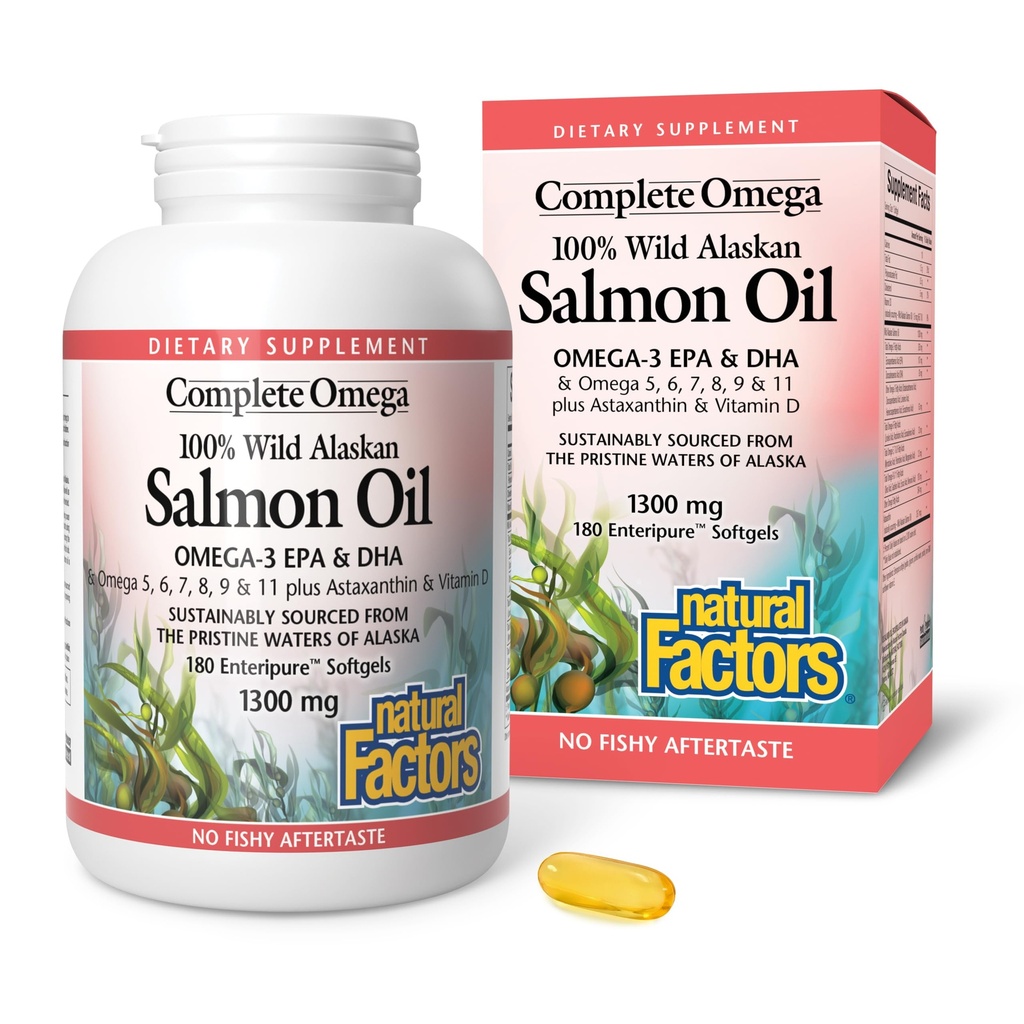 Doğal Faktörler tarafından Omega, Wild Alaskan Salmon Oil, Omega-3 DHA ve EPA ile Kalp ve Beyin Sağlığı Destekler, 180 softgels (180 hizmet)