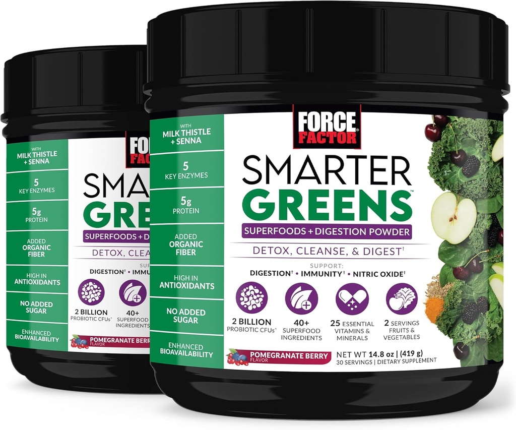 Force Factor Smarter Greens Superfoods Tozu Digestion, Gut Health, Bloating, Greens Toz Probiyotiks, Prebiyotiks, Digestive Enzymes, & Adaptogens, Pomegranate Berry, 60 Hizmetler