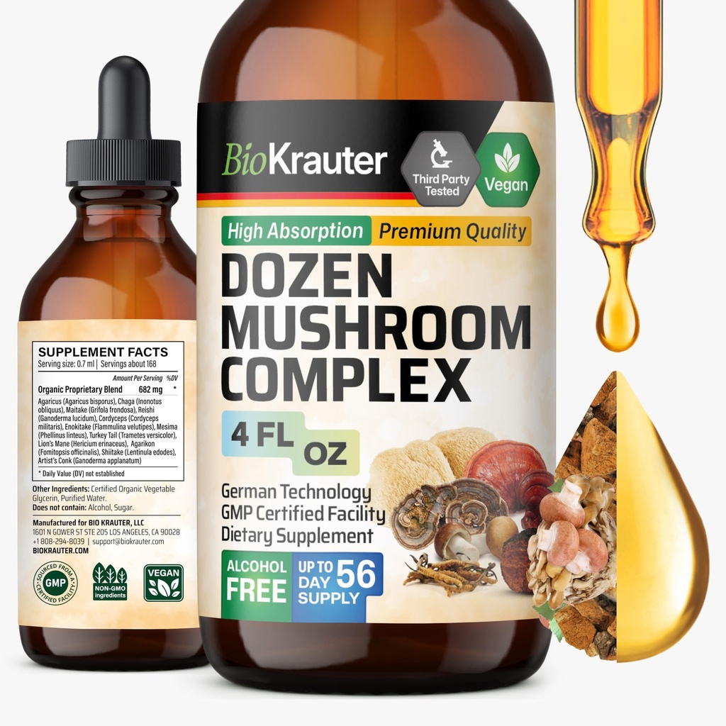 BIO KRAUTER Dozen Mushroom Tincture - Immune Support Supplement Drops - Digestive & Cognitive Support - Non-GMO, Liquid Immunity Defense Formula - 4 fl. oz Şişe
