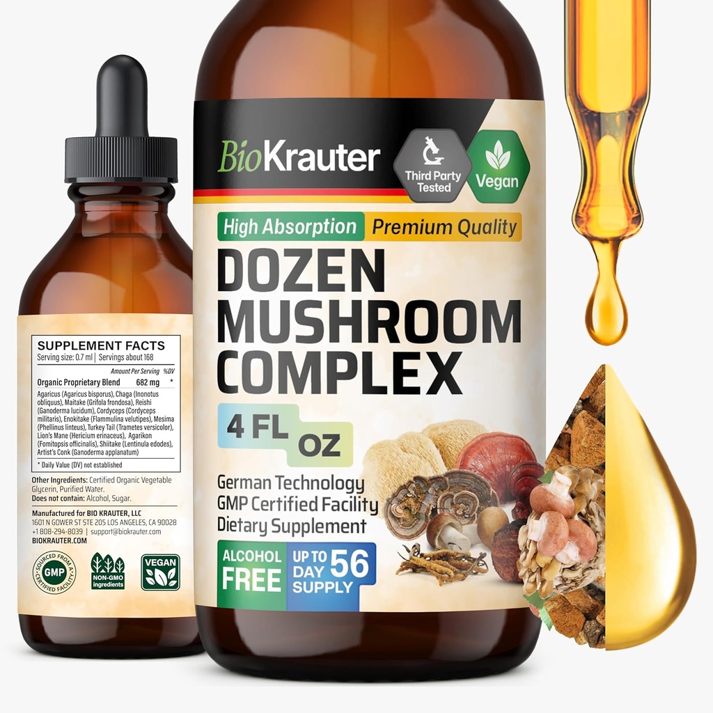 BIO KRAUTER Dozen Mushroom Tincture - Immune Support Supplement Drops - Promotes Digestive & Cognitive Support - Non-GMO, Liquid Immunity Defense Formula - 4 fl. oz Bottle