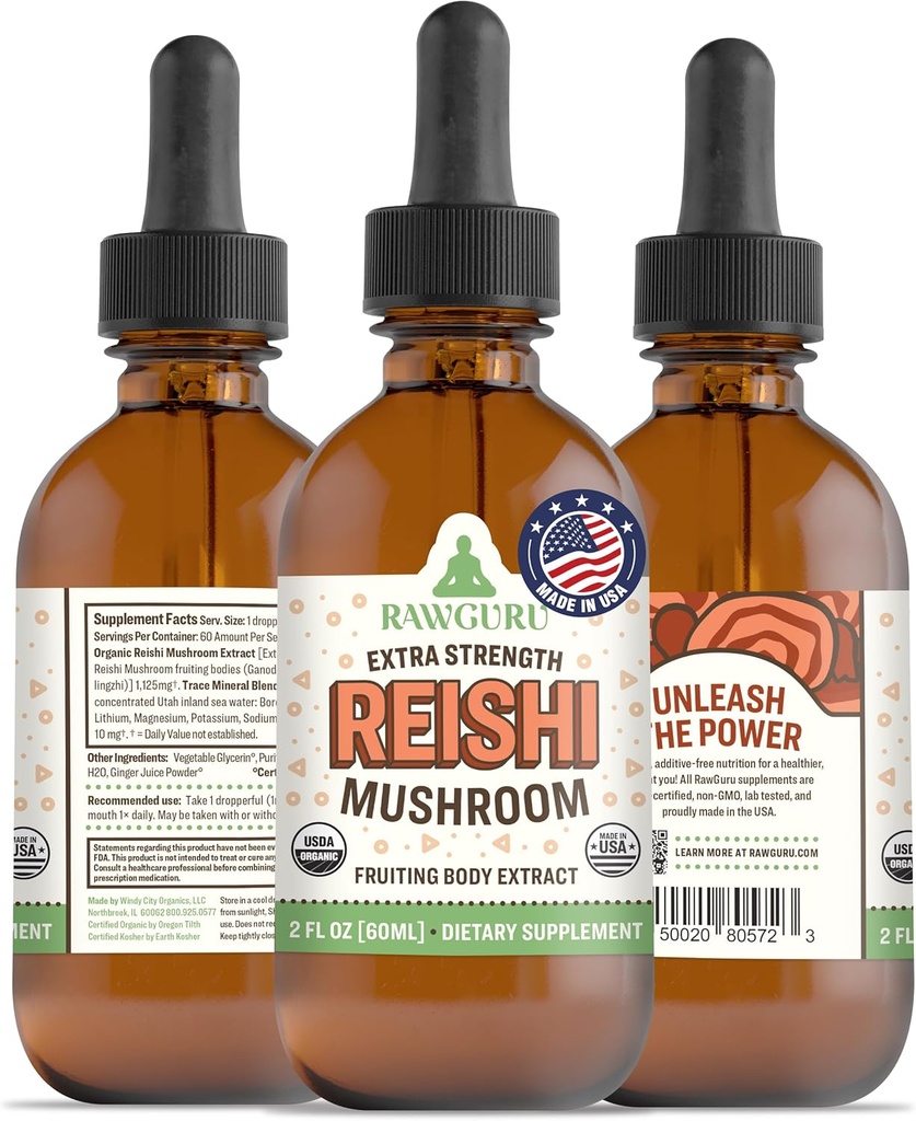 RawGuru Organik Reishi Mushroom Tincture - Reishi Mushroom Extract with Natural Trace Minerals - Nano-Processed Cognitive & Immune Support Supplement - 60 ml başına Vegan Drops 60 ml, Pack of 1
