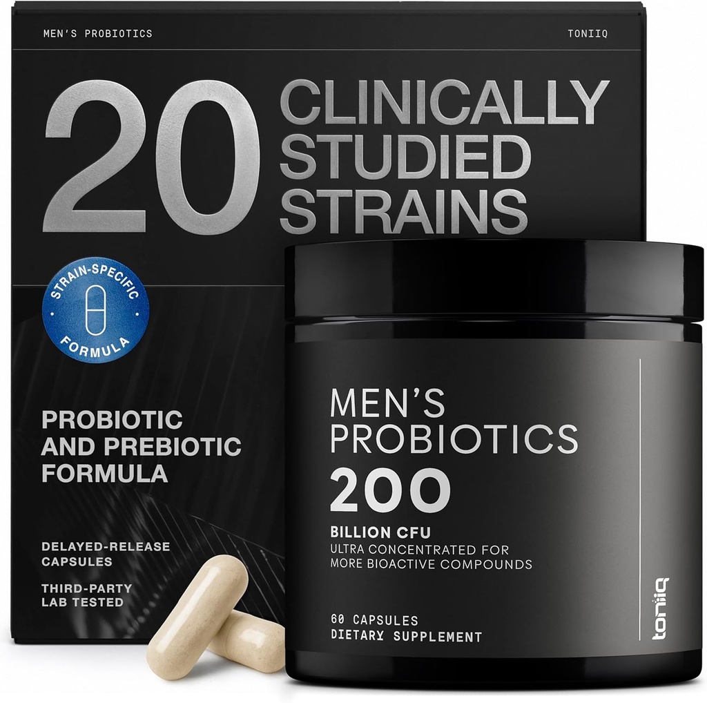 Toniiq Mens Probiyotik ile 20 Doğrulanmış Strains – 200 Bilion CFU + 200 mg FOS Prebiyotik – Mens Probiyotikler for Gut Health - Cold-Chain & Geed-Release – Lab-Tested Synbiyotik Formula