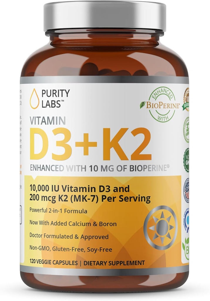 D3 K2 10000 IU, (250 C) D3 + 200 C2 MK7 - Biyoperine ile Geliştirilen Destek Desteği - Günlük Savunma, Bone, Muscle & Skin Health - 120 Capsules