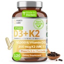 Εργαστήρια Καθαρότητας Βιταμίνη D3 K2 10000 IU, (250mcg) D3 + 200mcg K2 MK7 - Συμπλήρωμα Ανοσολογικής Υποστήριξης Ενισχυμένη με Βιοπερίνη - Συμπληρώματα Ημερήσιας Άμυνας, Οστού, Μυός & Δέρμα - 120 Κάψουλες