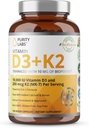 D3 K2 10000 IU, (250 C) D3 + 200 C2 MK7 - Biyoperine ile Geliştirilen Destek Desteği - Günlük Savunma, Bone, Muscle & Skin Health - 120 Capsules