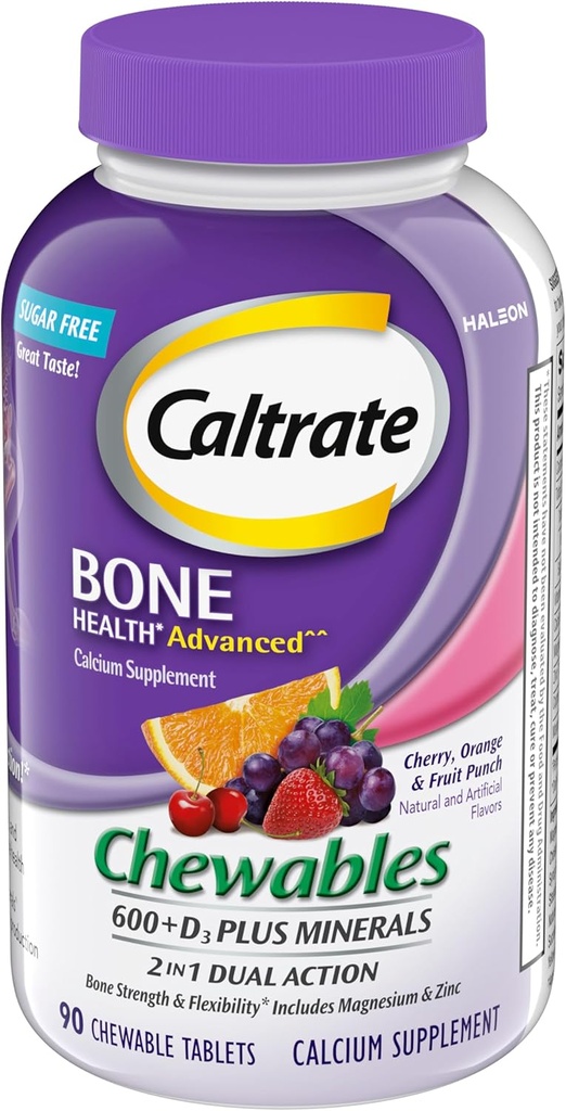 Caltrate Chewables 600 +D3 Plus Mineraller ve Vitamin D, Sugar Free, Cherry, Orange ve Fruit Punch, 90 Kont