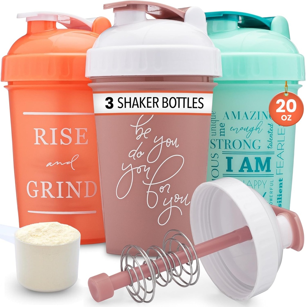 GOMOYO [3-Pack] 20Ounce Shaker Şişe, Action-Rod Mixer ile | Protein Shaker Şişe Motivasyonlu Sözlerle | Protein Shakers for Protein Shakes, Faraday Free ve Dishwasher Safe | Coral, Mint, & Rose