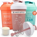 GOMOYO [3-Pack] 20Ounce Shaker Şişe, Action-Rod Mixer ile | Protein Shaker Şişe Motivasyonlu Sözlerle | Protein Shakers for Protein Shakes, Faraday Free ve Dishwasher Safe | Coral, Mint, & Rose