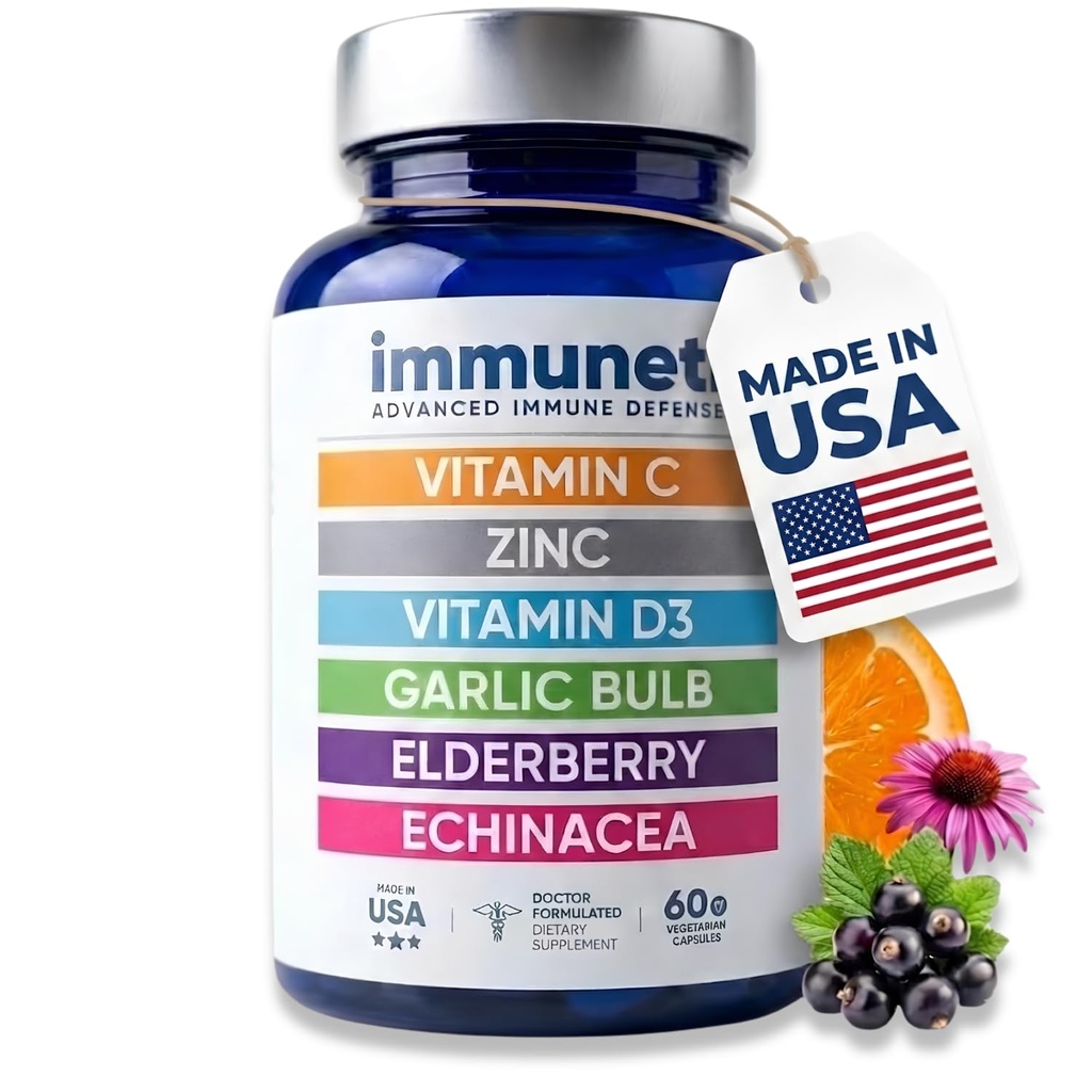 Immuneti - Advanced Immune Defense, 6-in-1 Ισχυρό μείγμα βιταμίνης C, Βιταμίνης D3, Ψευδάργυρος, Καρποί κουφοξυλιάς, Echinacea - Υποστηρίζει τη συνολική υγεία, παρέχει ζωτικά θρεπτικά συστατικά & αντιοξειδωτικά