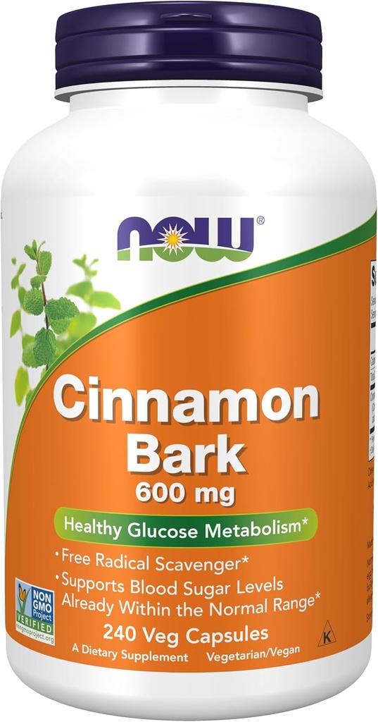 NOW Συμπληρώματα Τροφίμων, Κανέλα Bark 600 mg, Μη ΓΤΟ Πρόγραμμα Επαληθευμένο, Υγιής Μεταβολισμός Γλυκόζης *, 240 Κάψουλες Veg