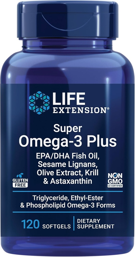 Επέκταση ζωής Super Omega-3 Plus EPA/DHA ιχθυέλαιο, Sesame Lignans, εκχύλισμα ελιάς, κριλ & Ασταξανθίνη - Καρδιά, εγκέφαλος και κοινή υποστήριξη υγείας - χωρίς γλουτένη, μη GMO - 120 Softgels