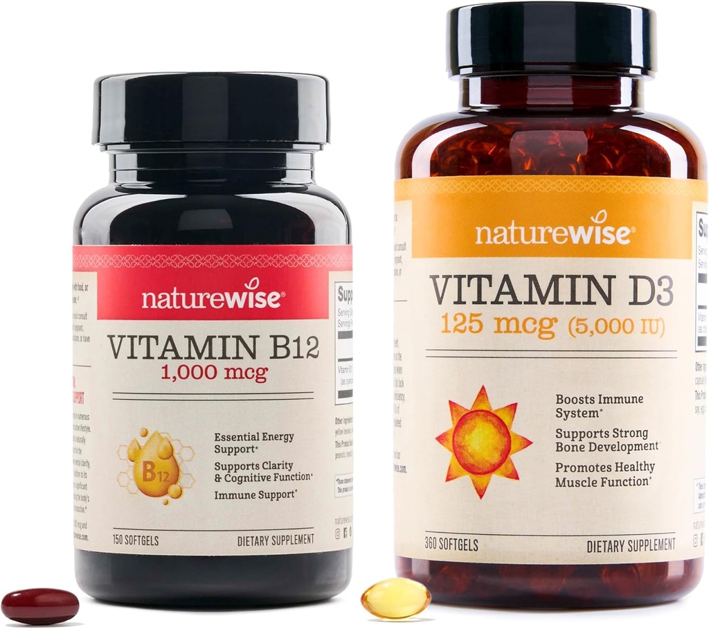 NatureWise Vitamin B12 1,000 mcg 150 Softgels & Vitamin D3 5000iu 360 Mini Softgels για την ενέργεια, τη διανοητική καθαρότητα, τα οστά και την υποστήριξη των μυών