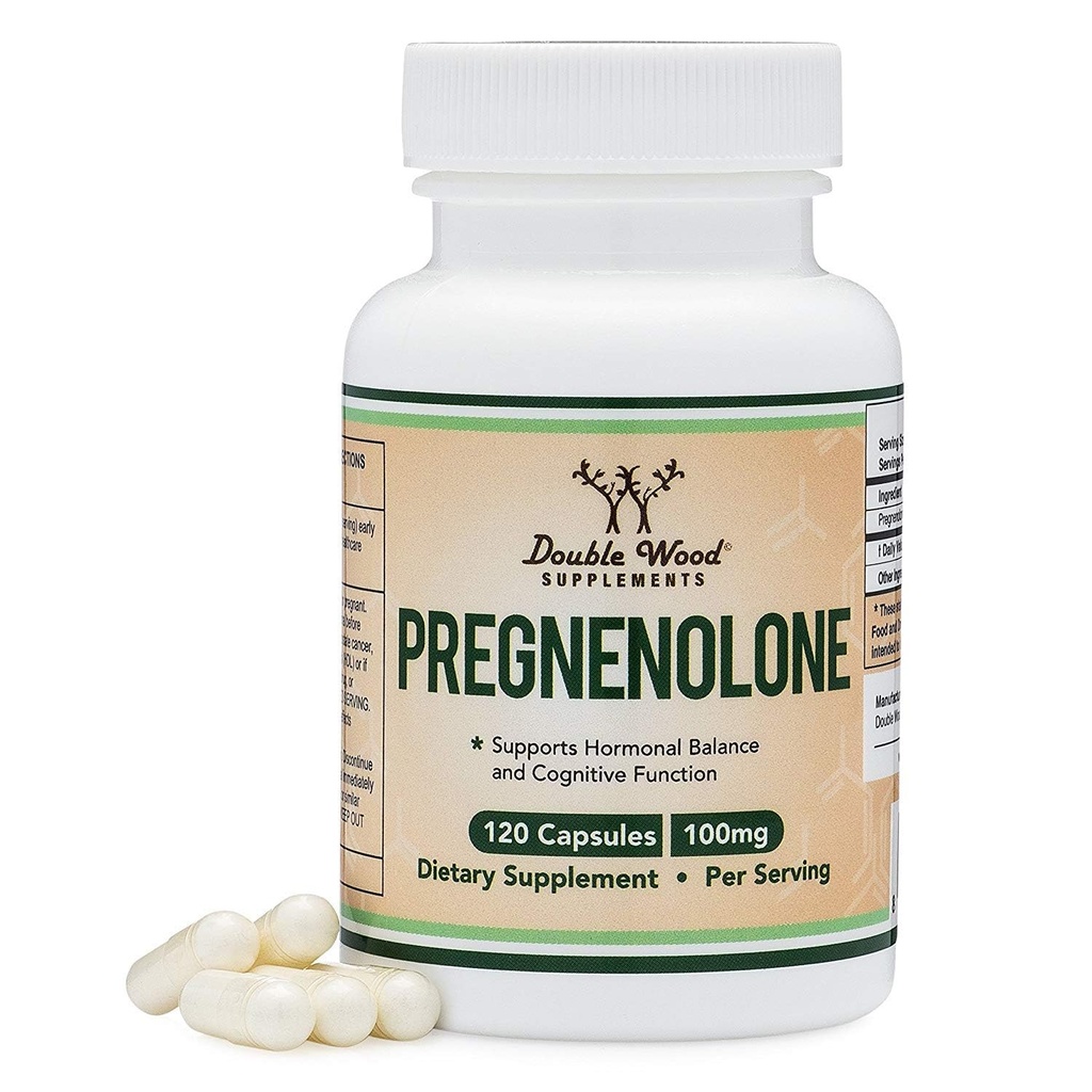 Pregnenolone 100mg ανά Σερβίρισμα (Μετατρέπεται σε Προγεστερόνη για την ενίσχυση των επιπέδων Προγεστερόνης) - Δοκιμασμένο τρίτο μέρος - 120 κάψουλες (50mg ανά κάψουλα) Μη ΓΤΟ με Διπλό Ξύλο