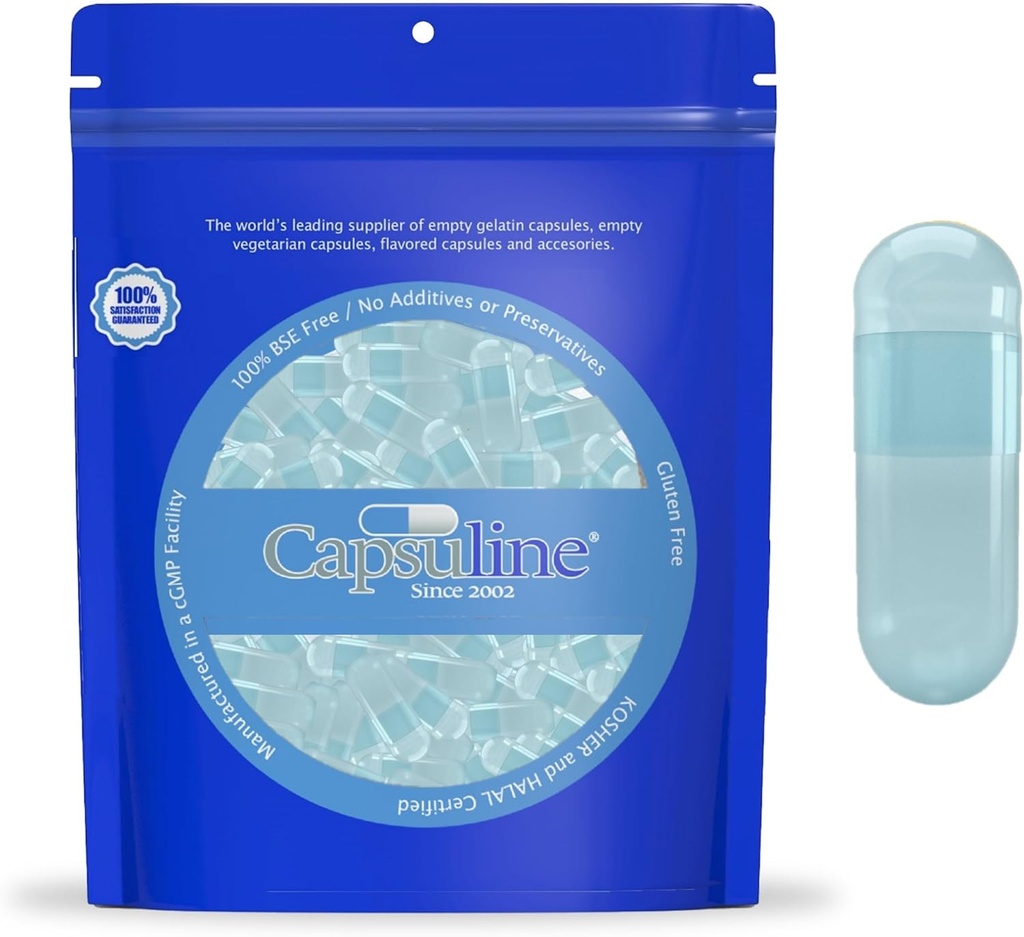 Capsuline Spirulina Χρώμα μεγέθους 0 Κενές κάψουλες Vegan Μπλε / Μπλε - 100 κόμης - χορτοφάγοι άδεια κάψουλες χάπια - DIY κάψουλες λαχανικών πλήρωσης - Veggie χάπια κάψουλες - Kosher και Halal Certified