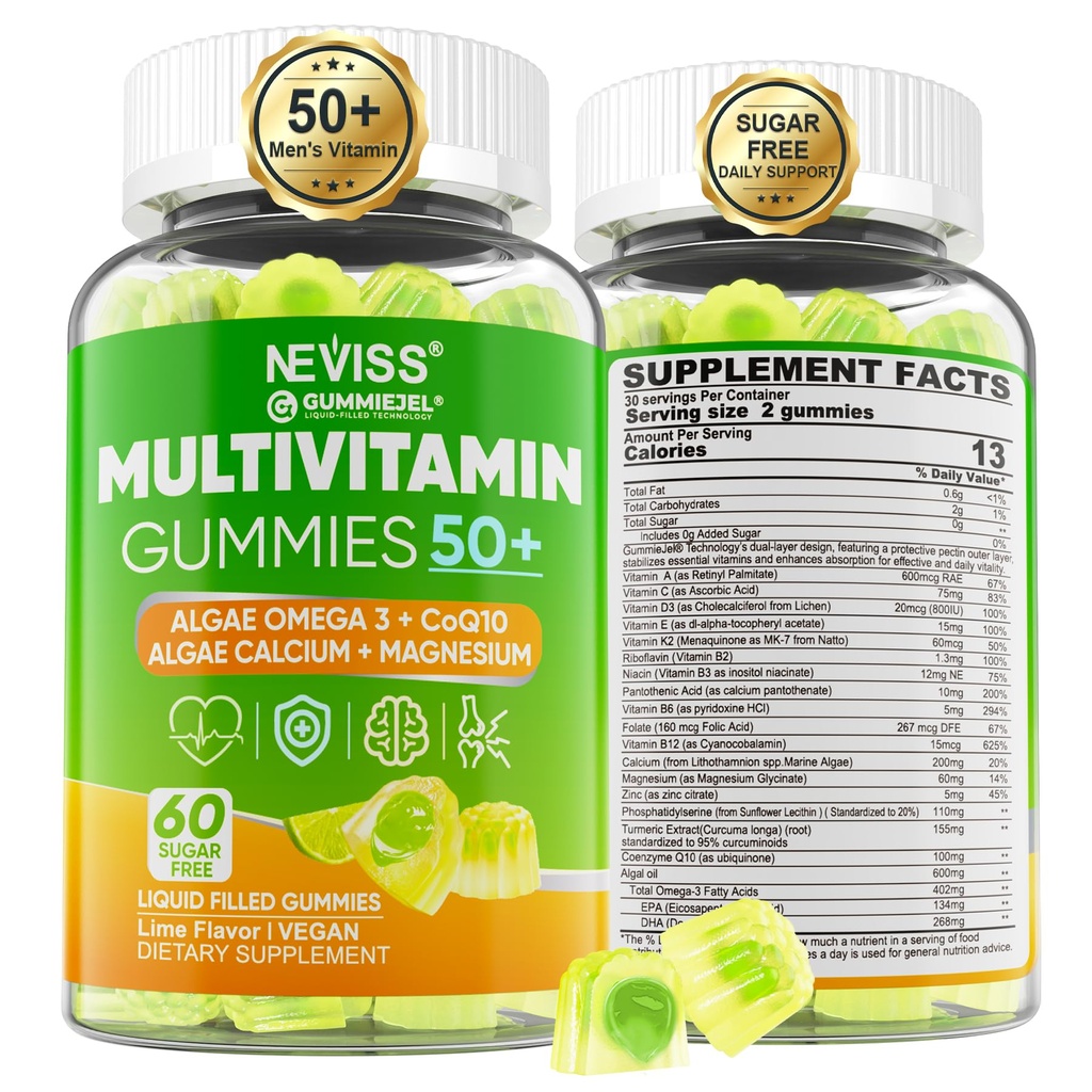 Erkekler için Multivitamin 50 + Plus, Sugar Free Men Multivitamins Gummies w/Omega-3, Coq10, D3k2, Kalsiyum, Magnezyum, çinko, A, C & E, Mens Vitaminleri HeRt, Antioksi, Brain, Bone, 60cts