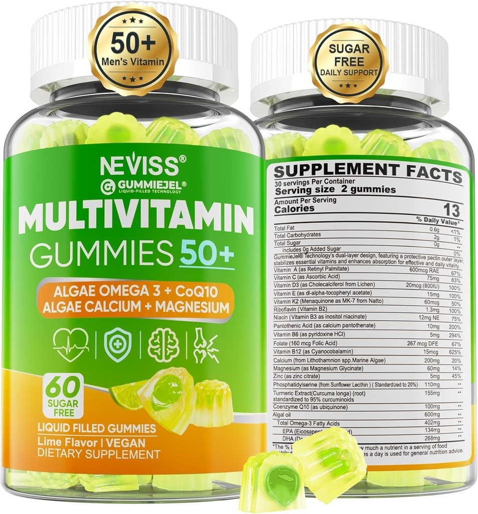 Erkekler için Multivitamin 50 + Plus, Sugar Free Men Multivitamins Gummies w/Omega-3, Coq10, D3k2, Kalsiyum, Magnezyum, çinko, A, C & E, Mens Vitaminleri HeRt, Antioksi, Brain, Bone, 60cts