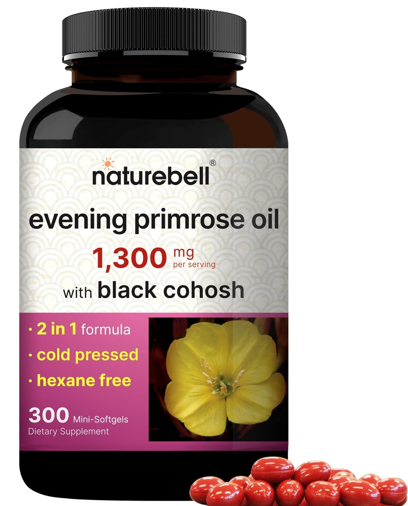 NatureBell Evening Primrose Oil with Black Cohosh, 1,300 mg Per Service, 300 Mini-Softgels | Cold Pressed Seeds, Retains 130 mg GLA for Womens Health & Skin Care Support – Hexane Free, Non-GMOMO