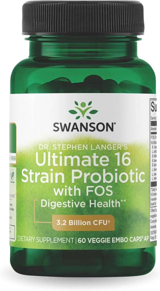 Swanson Dr. Stephen Langer'in Formula - Doğal Probiyotik w/Prebiyotik FOS - 16-Strain Supplement Progestive Support w/ 3.2 Milyar CFU - (60 Veggie Capsules)