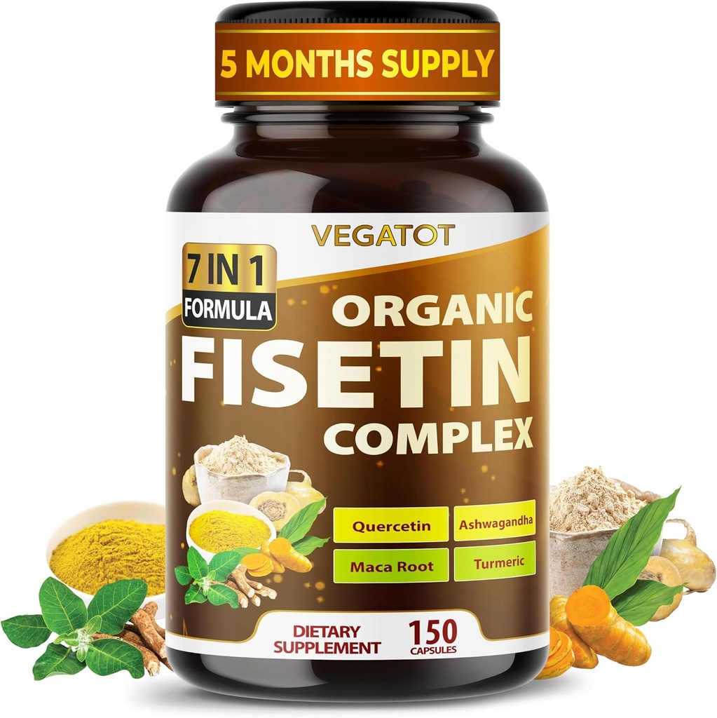VEGATOT Organik Fisetin Kompleksi 7in-1 Formula | Quercetin, Resveratrol, Ashwagandha, Maca Root, Turmeric, Black Pepper | 150 Capsules | Non-GMO, Gluten-Free-GMO, Gluten-Free