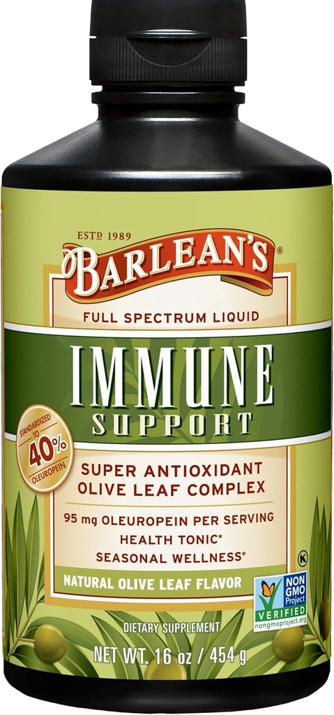 Barlean's Olive Leaf Kompleksi Sıvı Immune Support Supplement with 95 mg Ol Europein Antioksis for Season Wellness, Heart Health, & Immune System Alert, 16 Ounce