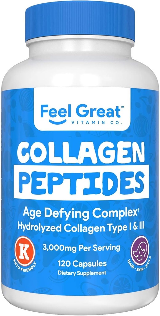 Hydrolyzed Collagen Peptides Peptides Powder Capsules (Type I & III) by Feel Great Vitamin Co. 