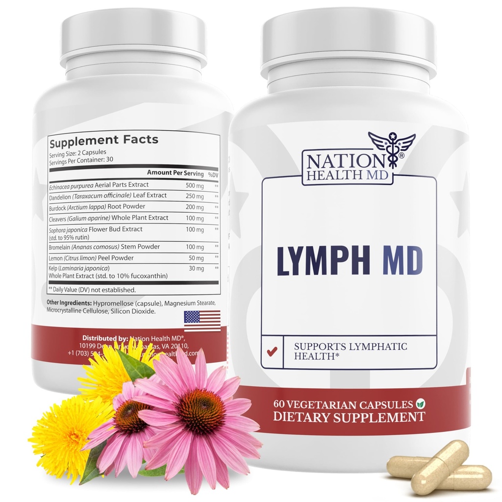 Lymph MD - Lymphatic Drainage Supplement - Bromelain, Echinacea, Burdock Root, Dandelion, Düsseldorf, Kelp & More - Lymph System Support for Women & Men - 60 Capsules
